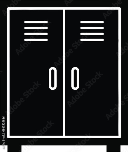 A black and white vector graphic featuring a modern storage locker or cabinet with two doors and ventilation slats