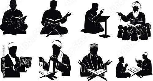 Islamic teaching silhouette, Quran study, traditional attire, prayer beads, religious education, cultural devotion, learning posture, cad drawing flat vector illustration
