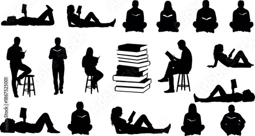 Silhouettes of People Reading Books in Different Poses Sitting Standing and Lying Down Collection for Educational Literature and Library Design