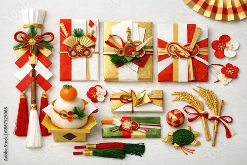 Wallpaper Mural Japanese New Year traditional decorations flat lay with festive red and gold elements Torontodigital.ca