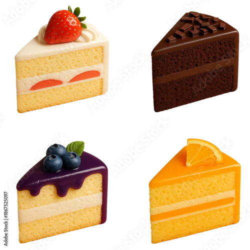 Sweet Dessert Set: Slices of Strawberry Shortcake, Chocolate Fudge, Blueberry Glaze, and Orange Cake