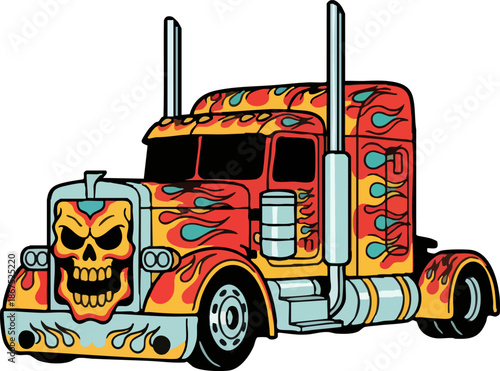 Big Rig Truck Illustration with Skull and Hot Rod Flames Design