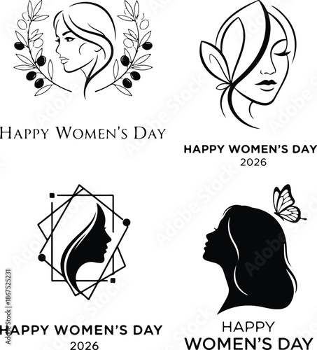 Happy women's day celebration logos and silhouettes