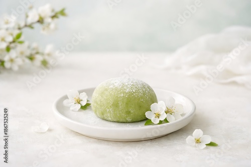 Wallpaper Mural Matcha mochi Japanese dessert with delicate spring blossoms on soft background Torontodigital.ca