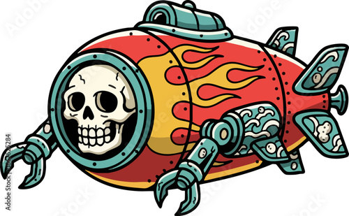 Cartoon Hot Rod Style Submarine with Human Skull Graphic