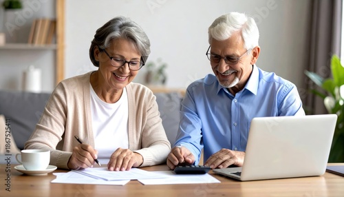 Senior couple working on finances at home, using calculator and laptop, enjoying quality time together, sharing smiles in cozy living room setting