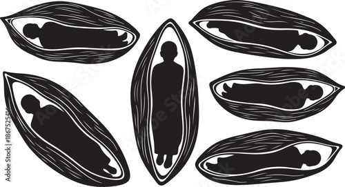 Silhouettes of people sleeping in boat like vessels