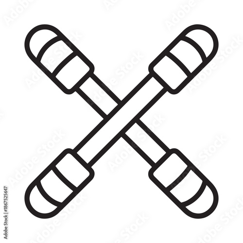 A simple black and white illustration of crossed drumsticks or percussion mallets