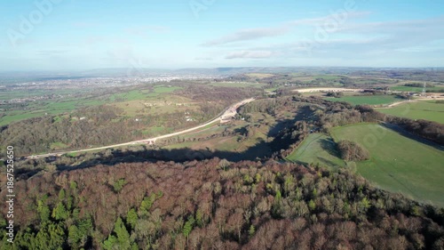 Aerial view of the Cotswolds and Gloucester, countryside landscape, England