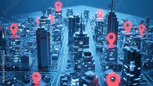 Digital City Navigation - Aerial view of a futuristic city scape illuminated in blue, dotted with bright red location markers.