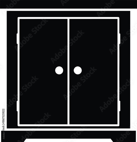 A black silhouette icon illustrating a small cabinet or two-door cupboard