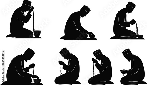 Muslim prayer beads, kneeling silhouette, spiritual devotion, meditative posture, spiritual act, religious practice, devotion pose, Islamic meditation, ritual moment, cultural tradition