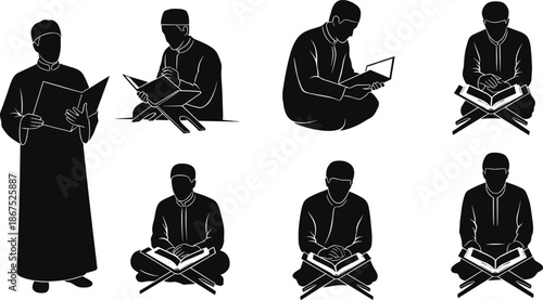 Quran reading silhouette, Islamic study, traditional attire, book stand, religious devotion, cultural practice, spiritual reflection, cad drawing flat vector illustration