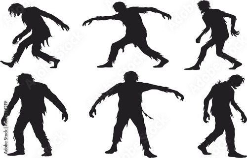 Walking zombie silhouette vector illustration set, undead monsters in tattered clothes for Halloween horror party design