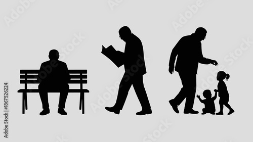 a silhouette depiction portrays the stages of life from a seated elder to a small child representing human existence high quality professional detailed modern elegant stylish