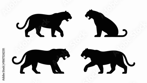 a striking silhouette depiction showcases four black panthers in diverse poses illustrating their power grace and wild nature against a white background high quality professional detailed