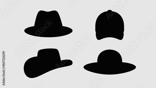 a minimalistic presentation showcases four distinct black hat silhouettes against a light gray backdrop highlighting their unique shapes and styles high quality professional detailed modern elegant