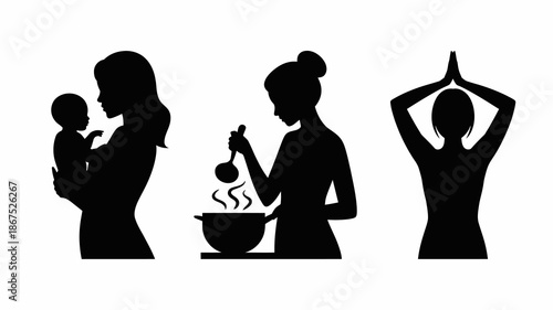 a silhouette illustration depicts a mother holding a baby cooking with a pot and another in a meditative pose representing motherhood and well being high quality