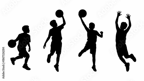 a series of silhouettes depict the progressive stages of a basketball shot showcasing a young athlete s action and movement during play high quality professional detailed