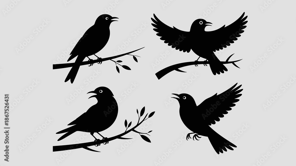 Obraz premium a minimalistic illustration depicts four black silhouettes of birds perched on slender branches with sparse leaves conveying a sense of avian grace high quality professional detailed