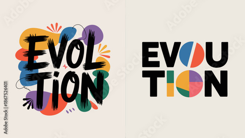 The image showcases a split design featuring the word evolution in two distinct styles one colorful and artistic and the other minimalist high quality professional detailed