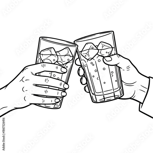 A sketch depicting two hands clinking glasses filled with ice celebrating a toast