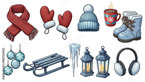 Collection of winter accessories and decorations, including a scarf, mittens, hat, mug, boots, ornaments, sled, lanterns, and earmuffs