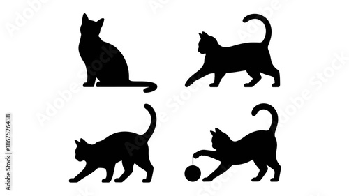 a minimalist depiction showcases four black cat silhouettes in varying poses illustrating playful movement and feline grace against a white background high quality professional detailed modern