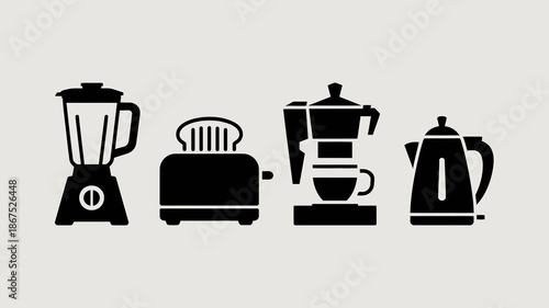 a simple illustration displaying four common kitchen appliances in black silhouettes a blender toaster moka pot and electric kettle high quality professional detailed modern elegant stylish