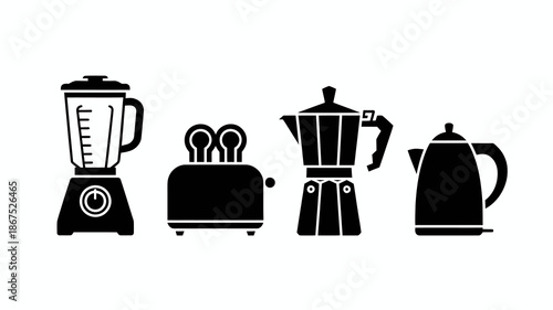 a collection of black silhouette icons depicting common kitchen appliances including a blender toaster moka pot and a classic tea kettle high quality professional detailed modern