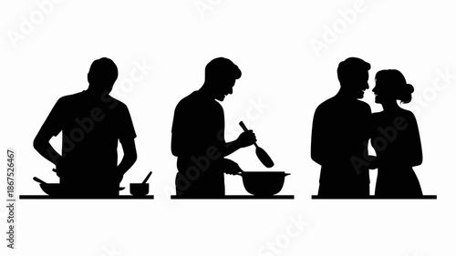 a series of black silhouettes depict a man cooking stirring and a couple embracing representing life s stages high quality professional detailed modern elegant stylish clean