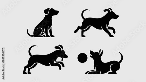 a minimalist depiction showcases silhouettes of diverse dog breeds in playful poses revealing a canine theme with a focus on movement high quality professional detailed modern