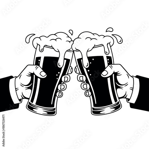A vintage style illustration depicting two hands clinking beverage glasses in a celebratory toast