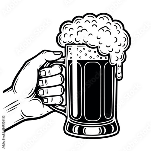 A hand holding a tall glass mug overflowing with frothy beverage black and white sketch