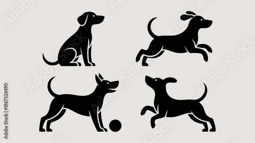 this image showcases a collection of four stylized black silhouettes of dogs in various poses including sitting jumping and standing high quality professional detailed modern elegant