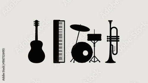 a minimalist graphic displays a collection of musical instruments including a guitar keyboard drum kit and trumpet all in black silhouettes high quality professional detailed modern