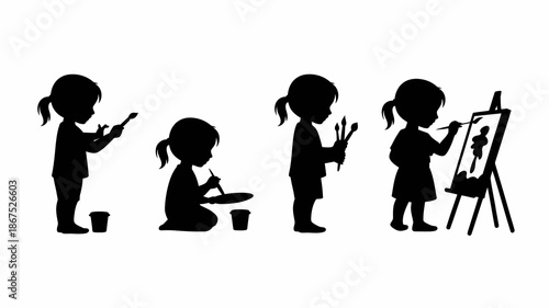 a sequence of silhouettes depicts a child s artistic journey from initial exploration to focused painting showcasing growth and creativity high quality professional detailed modern elegant