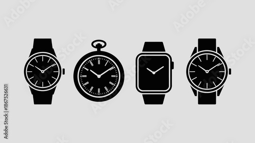 a collection of different timekeeping devices is displayed including wristwatches a pocket watch and a modern smartwatch all in black silhouettes high quality professional detailed elegant