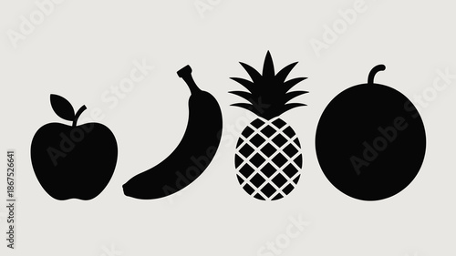a minimalistic depiction showcases a variety of fresh fruits including an apple banana pineapple and watermelon in black silhouettes high quality professional detailed modern elegant stylish