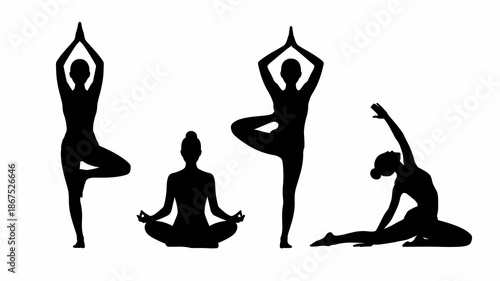 a collection of silhouettes demonstrating various yoga poses including tree pose lotus position and a backbend stretch high quality professional detailed modern elegant stylish clean crisp