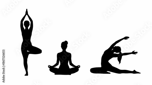 a silhouette illustration depicting three different yoga poses tree pose lotus position and a seated twist in a minimalist style high quality professional detailed modern elegant