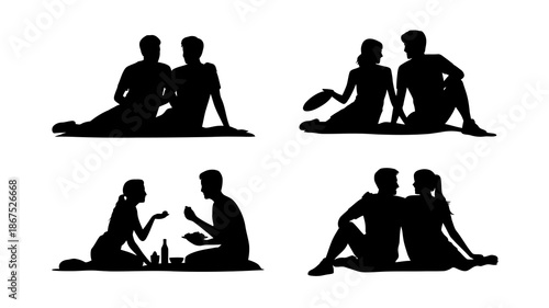 a collection of minimalist black silhouette illustrations depicting groups of people sitting together in various casual outdoor settings enjoying each other s company high quality professional