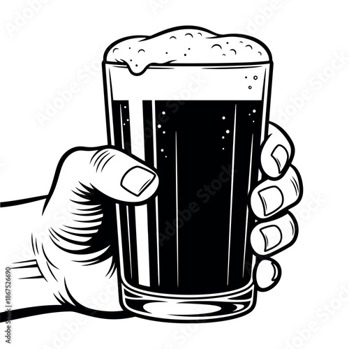 A hand firmly gripping a tall glass of dark beverage with a frothy head