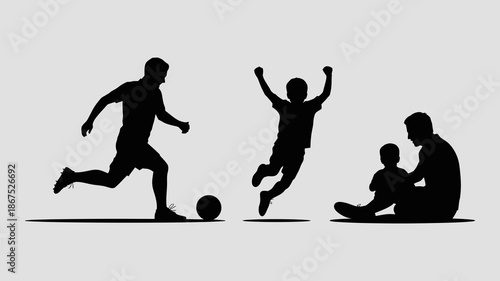 a silhouette depiction of a family enjoying a playful moment with a soccer ball showcasing different ages and interactions high quality professional detailed modern elegant stylish