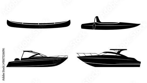a collection of black silhouette outlines depicting various types of boats including canoes speedboats and yachts on a white background high quality professional detailed modern elegant