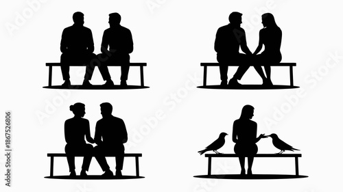 a minimalist graphic depicts four pairs of silhouetted figures seated on benches with a final scene showing a woman and birds high quality professional detailed modern
