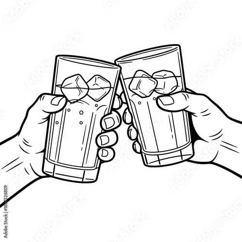 A cheerful black and white illustration of two glasses clinking in a toast
