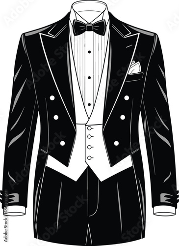 Classic, formal, elegant, white tie, black tailcoat, evening wear, dress shirt, waistcoat, bow tie, pleated shirt, studs, tuxedo, pocket square, high waist trousers, satin lapels, formal fashion