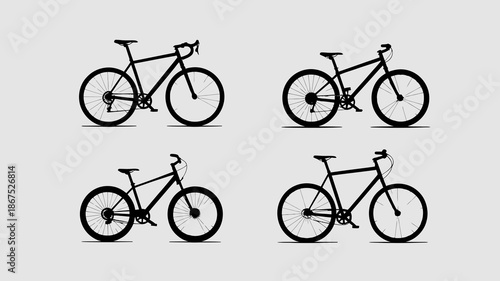 a minimalist depiction showcases four silhouetted bicycles arranged in a grid pattern against a light grey background highlighting their forms high quality professional detailed modern elegant