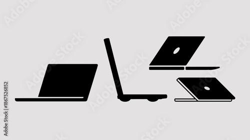 a minimalist depiction of three black laptop silhouettes arranged asymmetrically on a light gray background suggesting technology and modern design high quality professional detailed elegant stylish